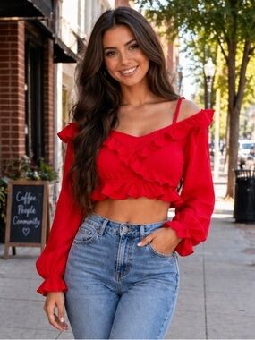 H&M divided Red Ruffle Off shoulders Long Sleeves Crop Top Casual Y2K 4